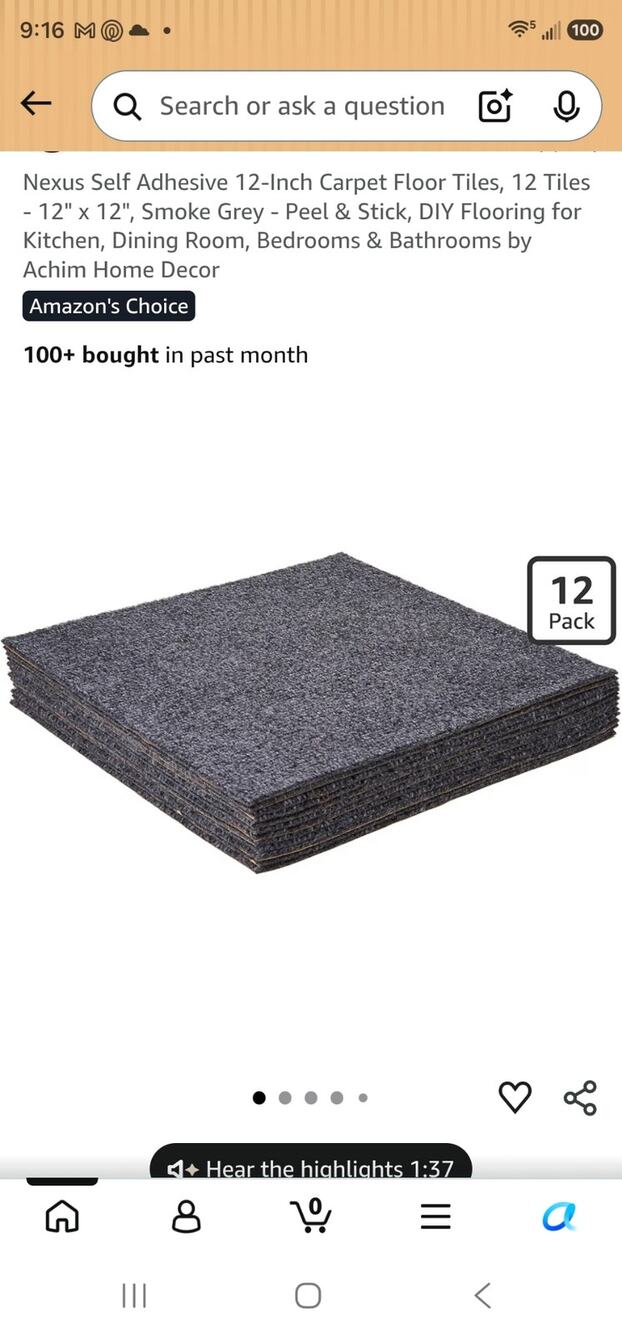 Self Adhesive 12Inch Carpet Floor Tiles 12 Tiles 12"x12" Smoke Grey Peel & Stick